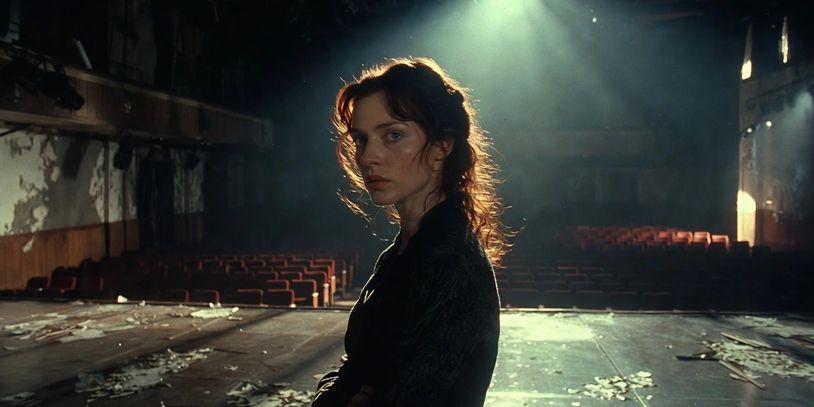 Woman stands alone on a dimly lit, abandoned theater stage with spotlight above.