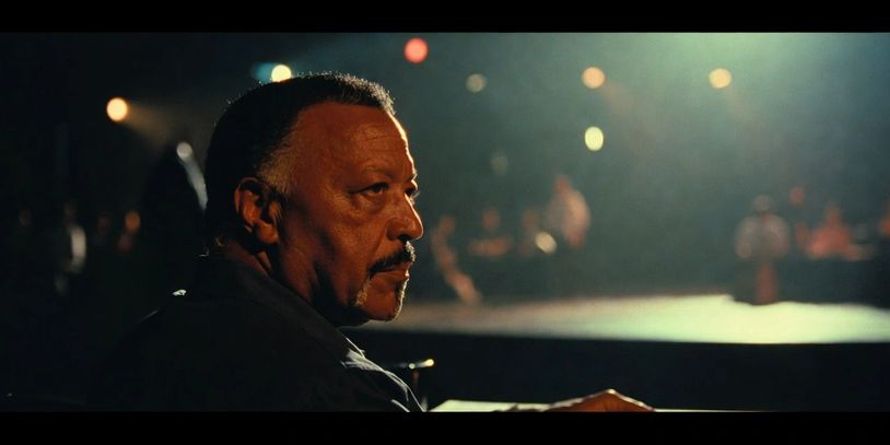 Man with a serious expression in a dimly lit room with blurred background lights.