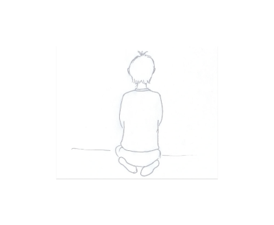 Sketch of a person sitting cross-legged, viewed from behind.