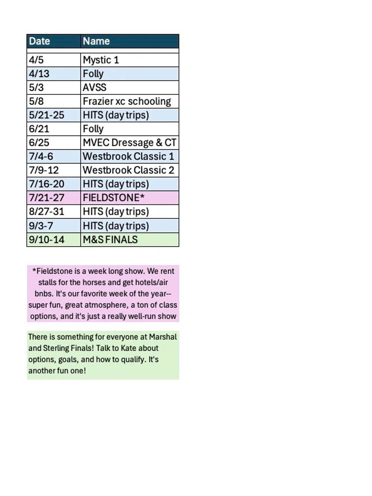 A schedule of horse shows and events with dates and notes on special events.