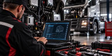 Technician analyzing truck diagnostics on laptop in garage.