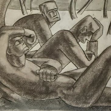Cubist-style sketch of three resting figures.