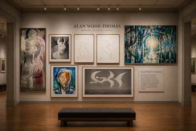 Art gallery wall featuring Alan Wood-Thomas's diverse paintings and sketches.