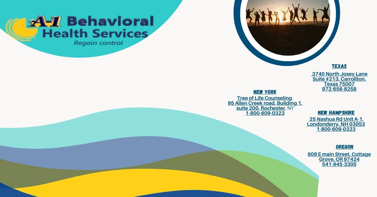 A1 Behavioral Health Services contact information with a happy group photo and colorful wave design.