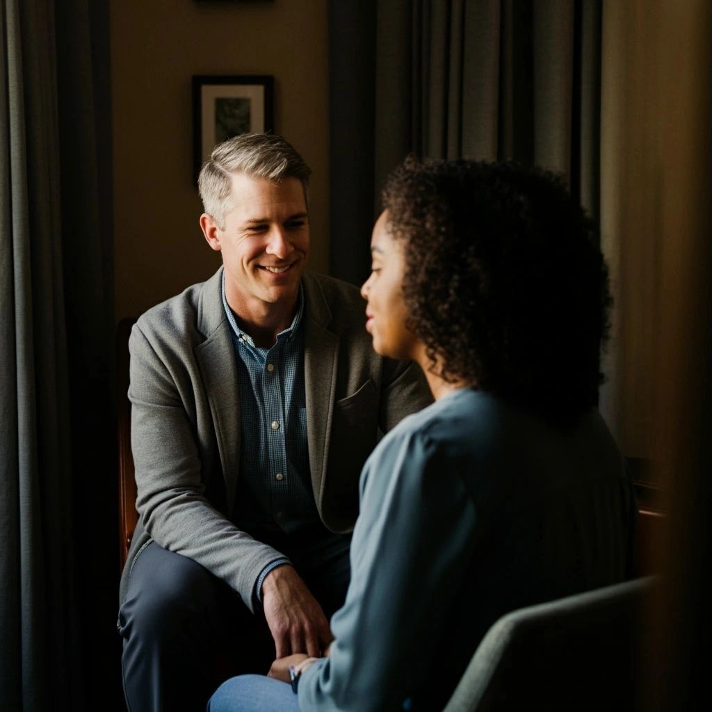A man and woman having a warm, intimate conversation indoors.