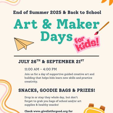 Flyer for Givelist® for Good Event for Kids. Teal text on Beige Background, paintbrush illustration