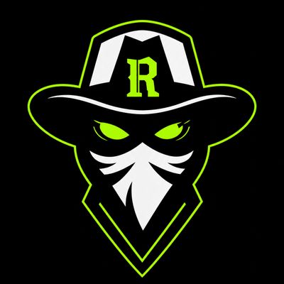 Stylized masked outlaw logo with neon green accents and a bold 'R' on the hat.