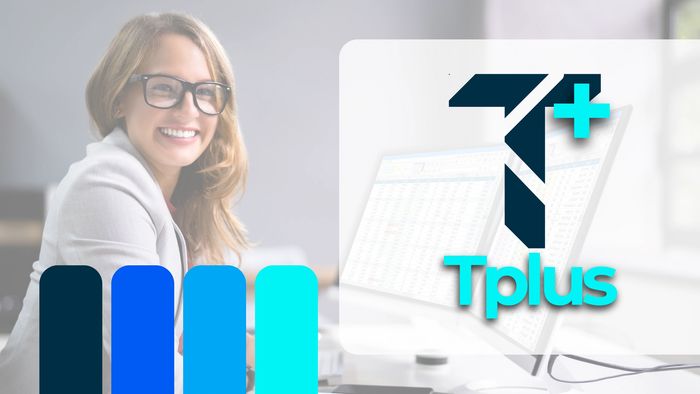 Smiling woman with glasses beside Tplus logo and blue color bars.