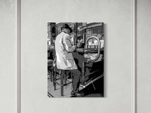 Black and white painting of a man sitting at a bar.