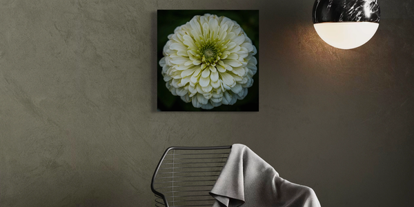 Minimalist room with flower art and pendant light.