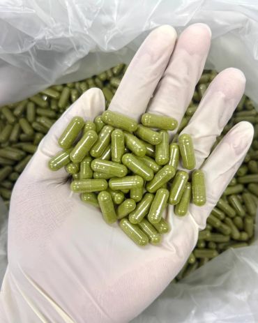 Hand holding green capsules with gloves.
