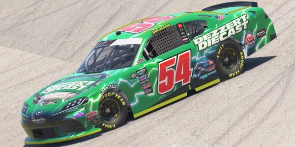 Green race car number 54 on track.