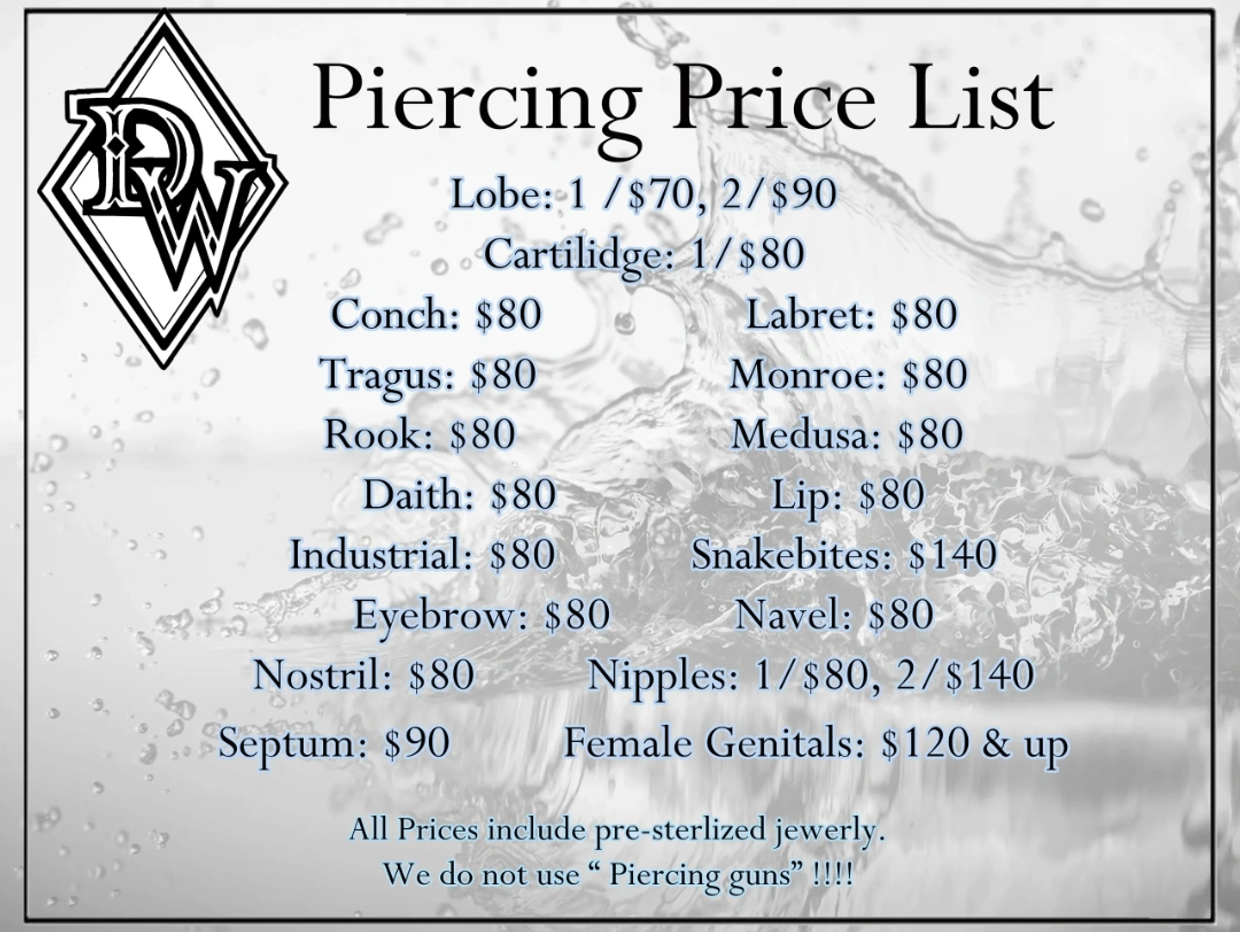 Piercing price list with various body parts and prices.