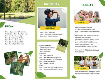 Three-day event schedule with outdoor and indoor activities.