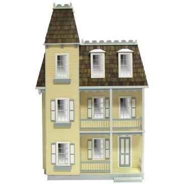 Yellow two-story house with a tower and brown shingled roof.