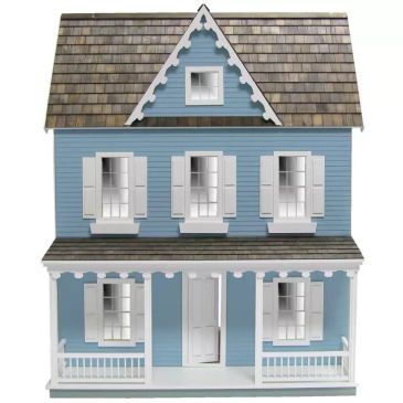 Blue dollhouse with white trim and brown roof.
