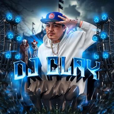 DJ Clay posing with a blue glowing logo and spooky clown figures in the background.