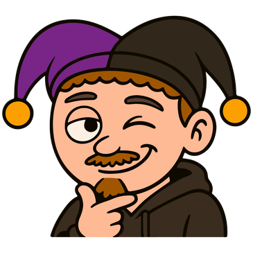 Cartoon man winking with a jester hat and hand on chin.