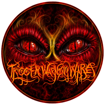 A fiery, demonic face with intense red eyes and intricate text below.