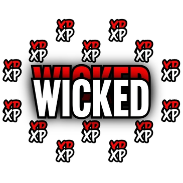 The word 'WICKED' in bold white and red with 'YD XP' symbols surrounding it on a black background.