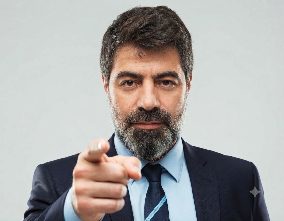 Siyah takım elbise giymiş adam direkt olarak işaret ediyor.