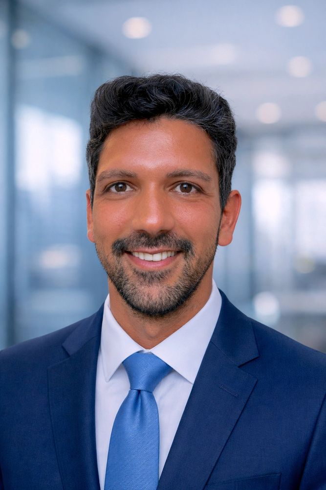 Smiling man in a blue suit and tie in an office setting.
