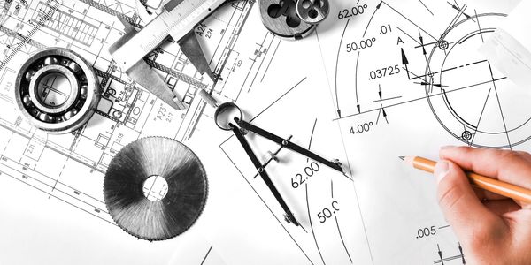Engineering tools and technical drawings with a hand sketching details.