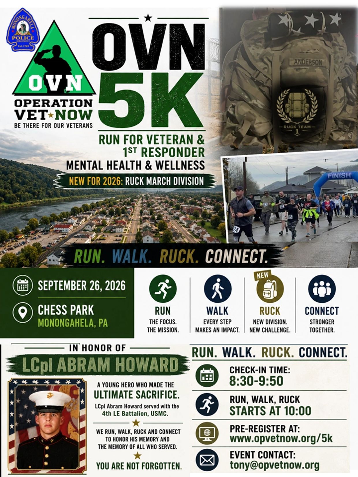 OVN 5K event honoring LCpl Abram Howard with run, walk, ruck, and connect activities.