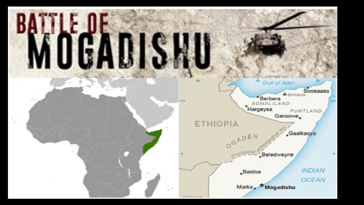 Battle of Mogadishu title with maps highlighting Somalia and Mogadishu's location.
