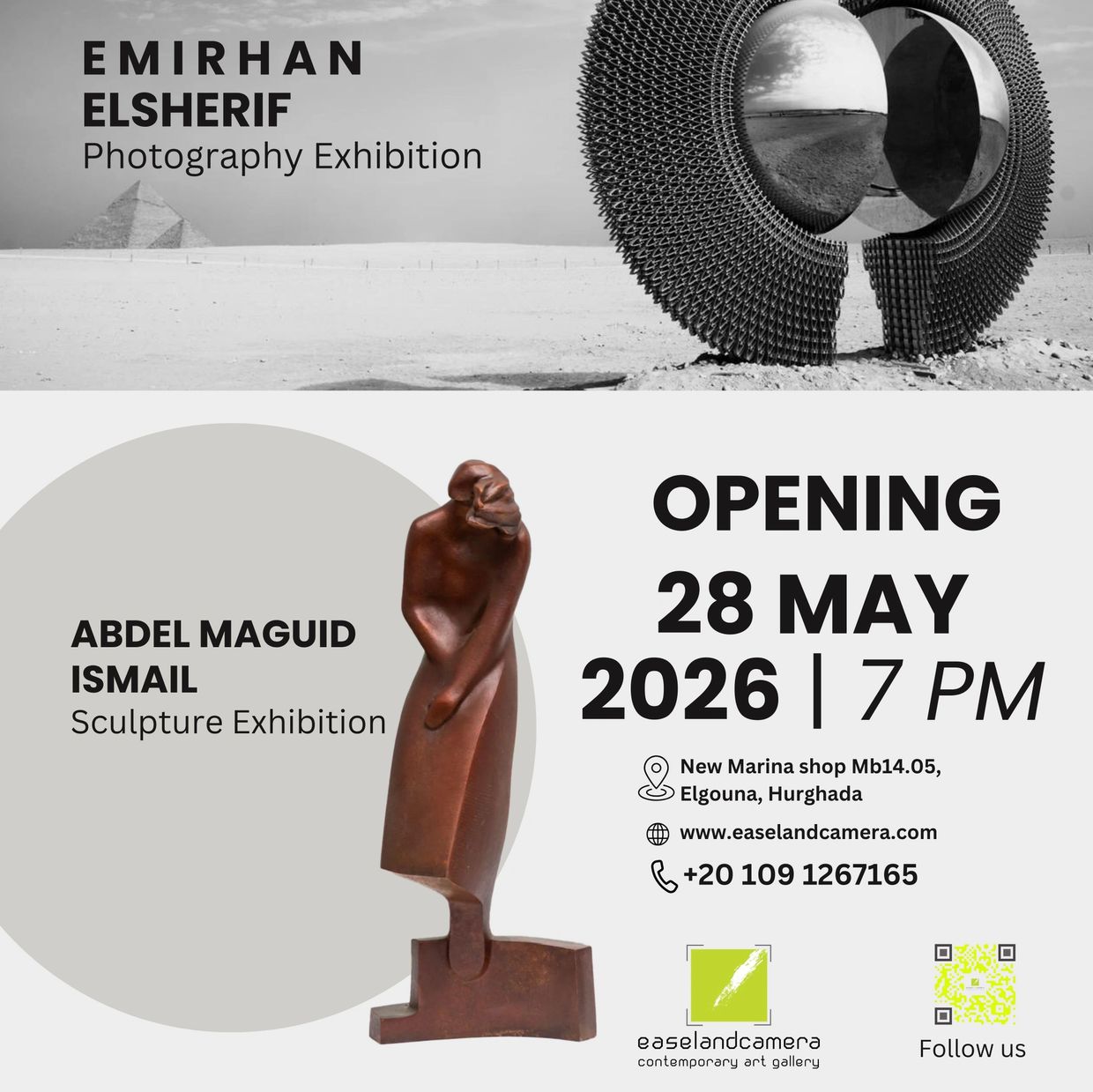 Photography and sculpture exhibitions opening on 28 May 2026 at Easeland Camera, Hurghada.