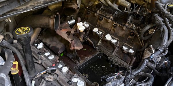 Close-up of a disassembled car engine.
