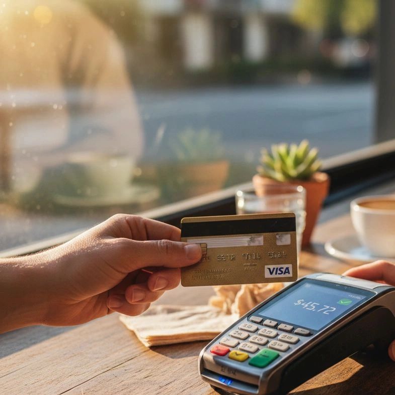 Person making a contactless payment with a Visa card at a payment terminal.