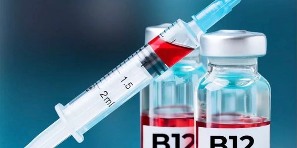 Syringe filled with red liquid near B12 vitamin vials.