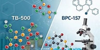 Illustration of molecular structures TB-500 and BPC-157 with a microscope.