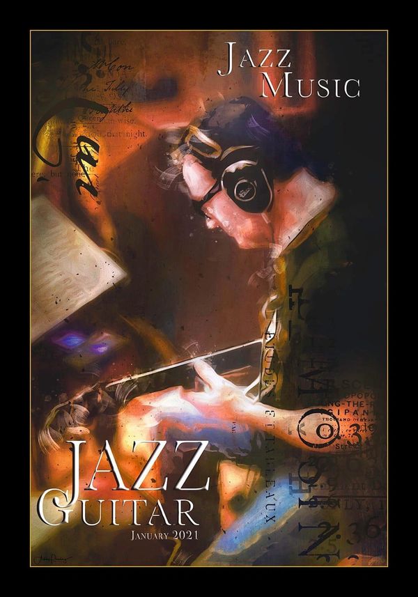 Artistic depiction of a person playing jazz guitar with headphones.