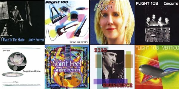 A collage of eight diverse music album covers with various artistic styles and themes.
