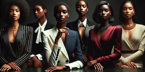 Six elegant women in sophisticated suits posing confidently against a dark background.