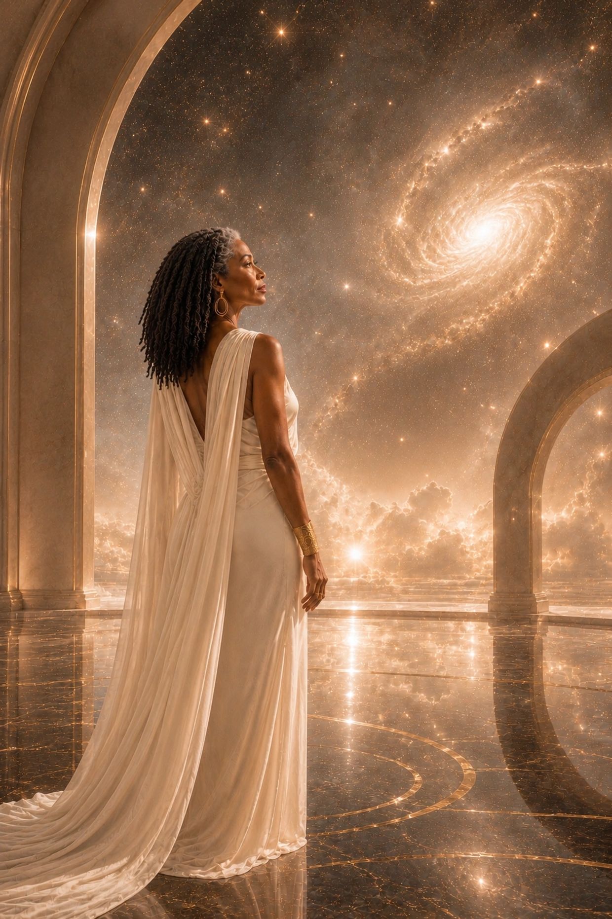 Woman in white gown gazing at a galaxy from a grand archway.