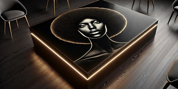 Modern coffee table with illuminated edges and Afrocentric artwork.