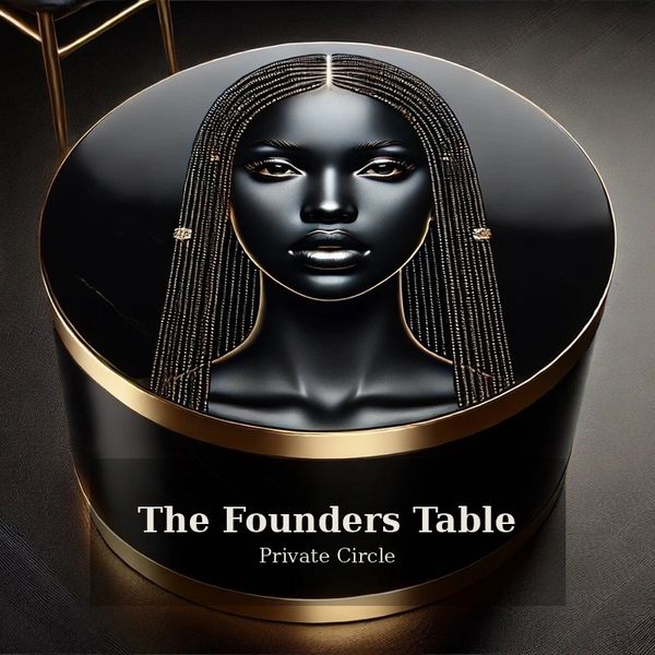 Elegant black and gold round table with a striking female face design and 'The Founders Table' text.