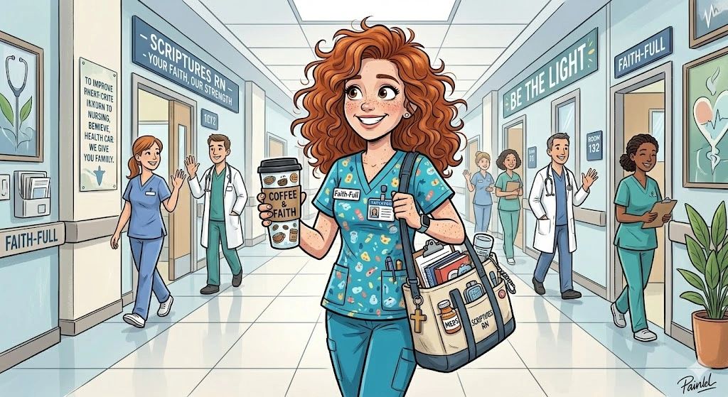 A cheerful nurse holding coffee, walking in a hospital hallway filled with medical staff and faith-based signs.