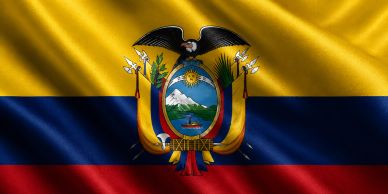 Flag of Ecuador with its national coat of arms on a waving tricolor background.