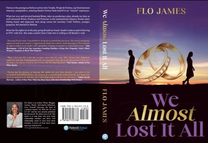 Book cover of 'We Almost Lost It All' by Flo James featuring two silhouetted figures and wedding rings.