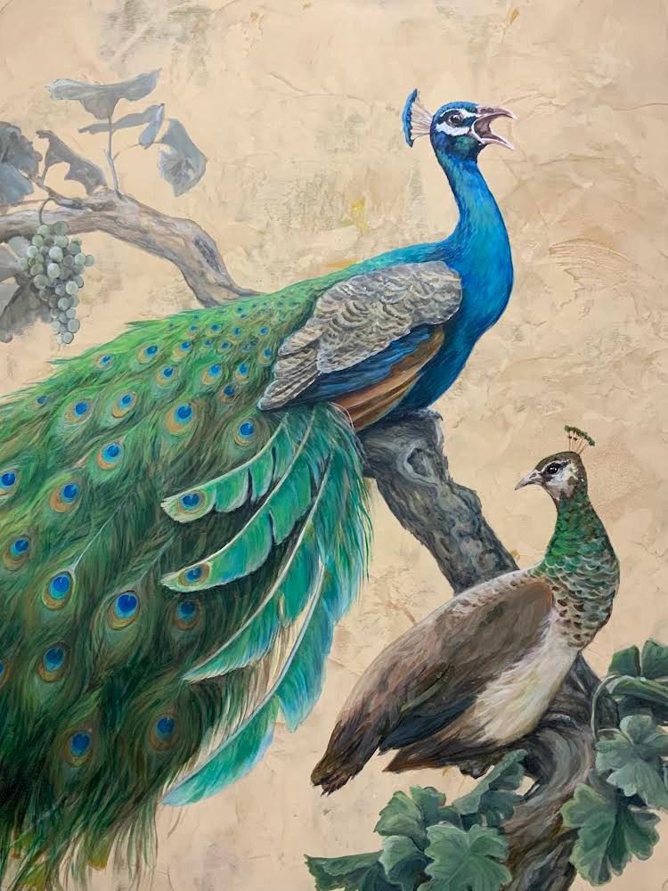 Peacocks and chardonnay, acrylic on panel by Annie Margarita