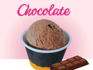 A scoop of chocolate ice cream with chocolate bar pieces.