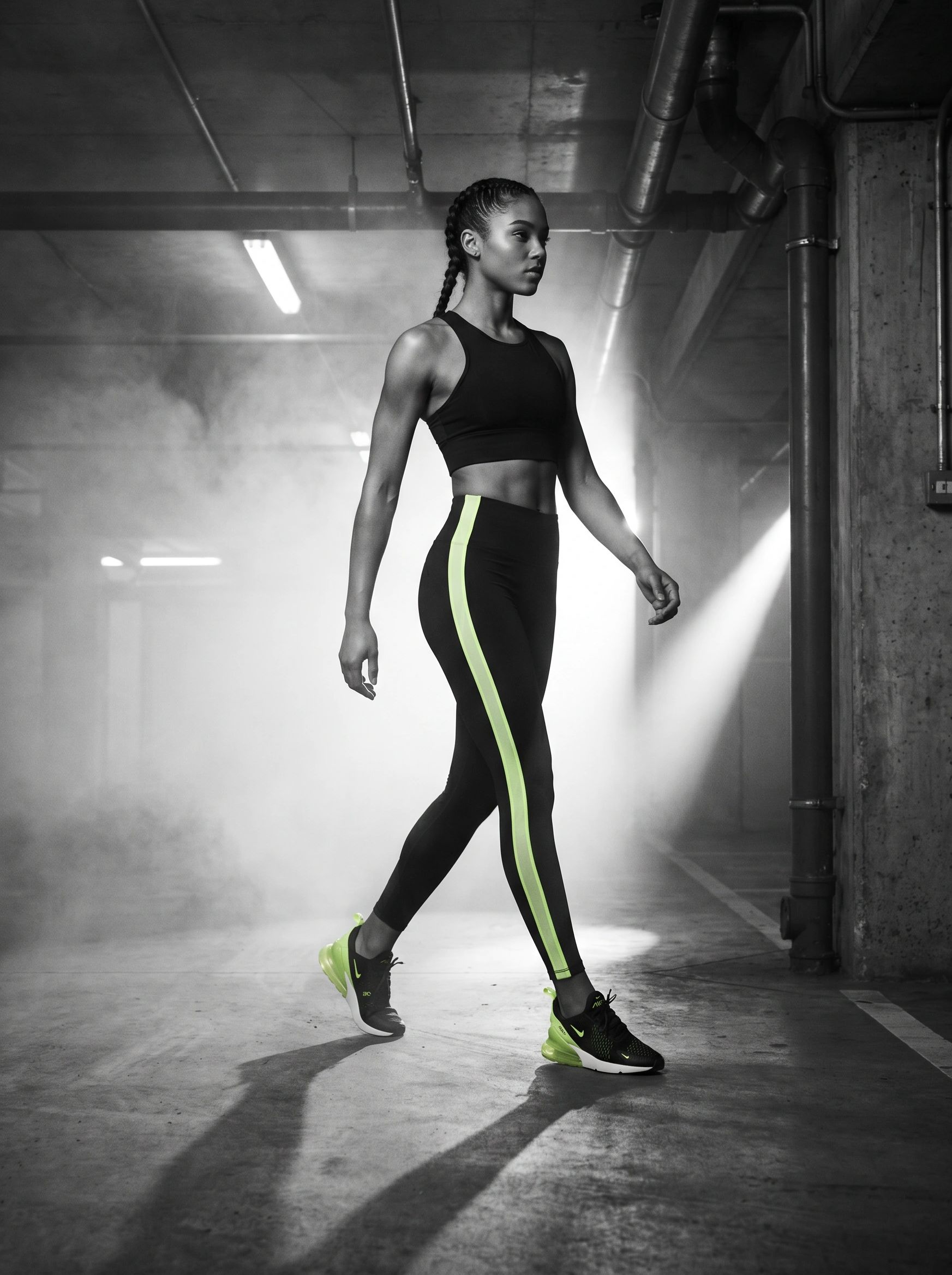 Athletic woman walking in a misty industrial setting.