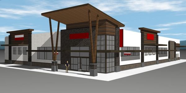 exterior rendering of northwest-modern style retail building representing commercial design