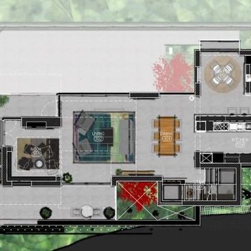 custom home floor plan overlaid onto section view of 3d house model representing residential design