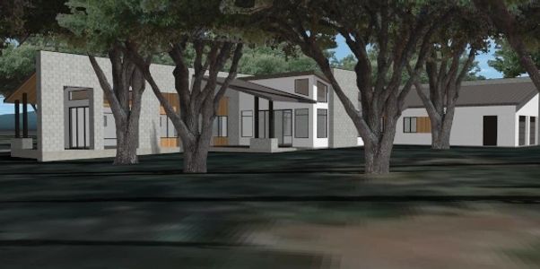 Exterior rendering of a modern custom house built with CMU block and SIP panels under oak trees