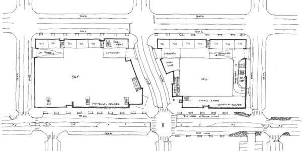 Hand-drawn commercial site plan black marker on paper for a site concept feasibility study 